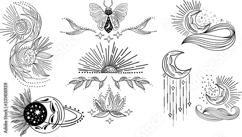 Collection of Mystical and Mysterious compositions, Moon, Insect, Space objects, Sun, Bug, Lotus. Outline objects made in the linear style. Editable vector illustration.