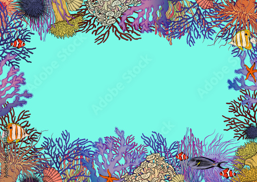 Colorful frame with underwater creatures, corals, sea anemones and tropical fishes.
