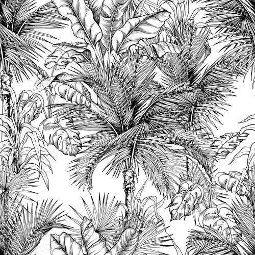 Black and white seamless pattern with sketchy tropical palm foliage.