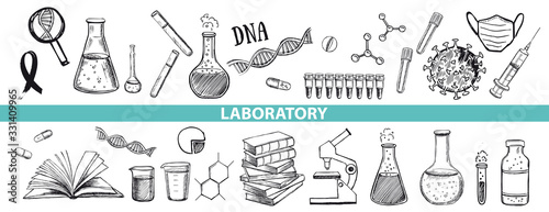 Laboratory research vector hand drawn icons set. Coronavirus, dna, blood test. 