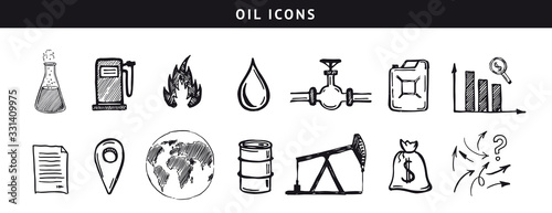Oil icons - barrel. Hand drawn collection isolated on white background. Vector illustration.