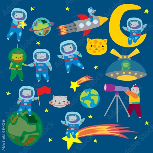 Cat looking through telescope comet on sky, standing on planet isolated on cosmic spaced vector illustration. Kitten in uniform spacesuit walk in space, sitting in rocket, spaceship, on moon, stars.