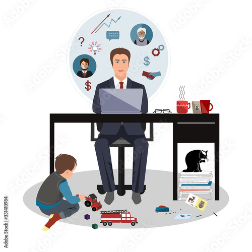 Father business man working in home office and his little son playing in the room. Covid or coronavirus quarantine concept, self isolation. Vector flat style illustration isolated on white