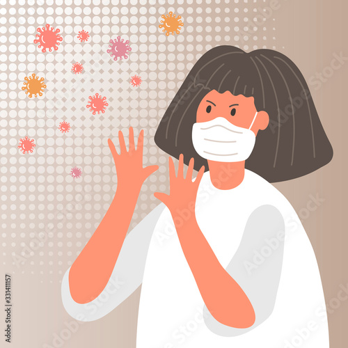 Masked woman, coronavirus, infectious banner vector illustration