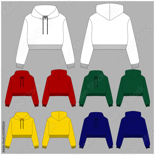 Hoody with a long sleeve and a round neck. Clothing for women and men. Set of colored unisex hoodie with hood. Rear and front view. Basic casual clothing and sports. oversize clothes. Vector illustrat