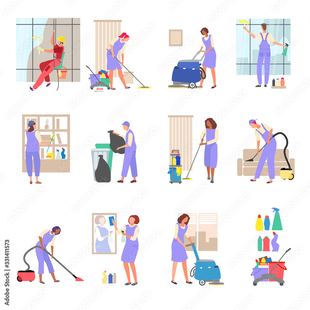 Young cleaner man, women work of clean with brush, rag on hand drawn vector illustration isolated on white. People cleaning widows, vacuuming, washed floor, detergent kit, throw garbage in container.