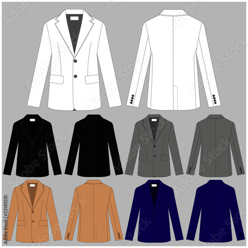 Classic jacket for women and men. Set of color unisex blazers. Rear and front view. Basic clothes in business style. Dress-coat. Business attire. A uniform. Vector illustration