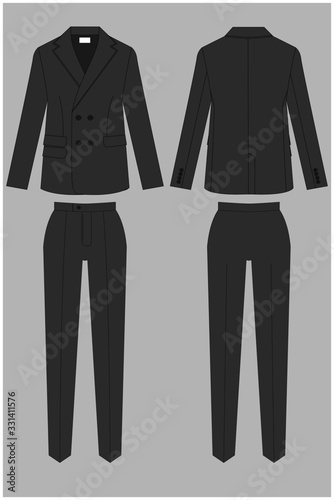 Classic business suit for women and men. Jacket and trousers. Set of color unisex suits. Rear, front view. Clothing in business style. Dress-coat. Business attire. Uniform. Vector illustration