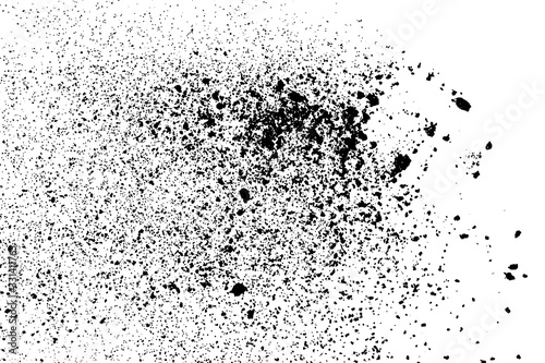 Explosion black grainy texture isolated on white background. Dust overlay. Dark noise granules. Digitally generated image. Vector design elements. Illustration, Eps 10.