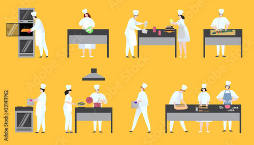 Women and man cook chef delicious dish in restaurant on cooky workplaces on hand drawn vector illustration. Professional chef people in uniform, cooking food, baking dessert, pastry, cake in pan, pot