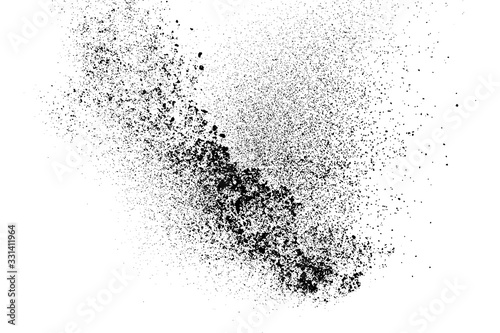 Explosion black grainy texture isolated on white background. Dust overlay. Dark noise granules. Digitally generated image. Vector design elements. Illustration, Eps 10.