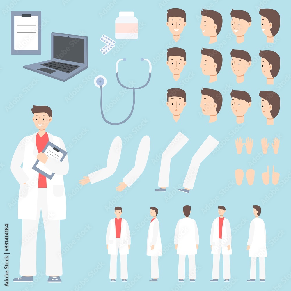 Doctor character creation set with different poses, gestures, faces, cartoon vector illustration. Doctor, man in white coat creation set, constructor, face, legs, arms. laptop, phoneidoscope pills Doctor character creation set with different poses, gestures, faces, cartoon vector illustration. Doctor, man in white coat creation set, constructor, face, legs, arms. laptop, phoneidoscope pills