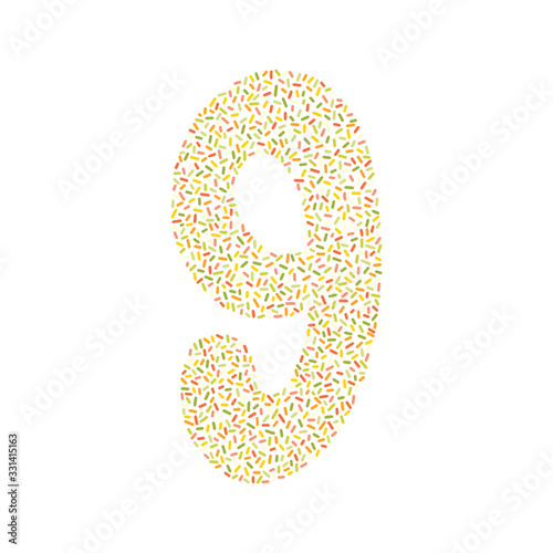 Number nine silhouette decorated with colored dashes. Vector illustration, easy to edit, manipulate, resize or colorize. Perfect for postcards, invitations, posters, or other decorations.