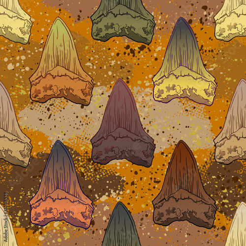 Shark megalodon tooth seamless pattern. Sea Life Hand Drawn line and colour Illustration. Isolated on white backgroung. Archeological discovery, paleontology symbol