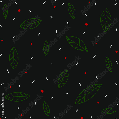 Seamless pattern with leaves, dashes and dots. Green, red, light gray on a black background.