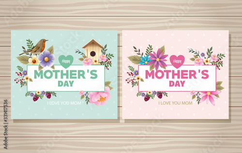 happy mothers day card with bird and housebird floral frame photo