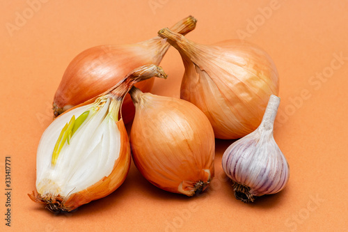 fresh bulbs of onion and garlic on a orange background