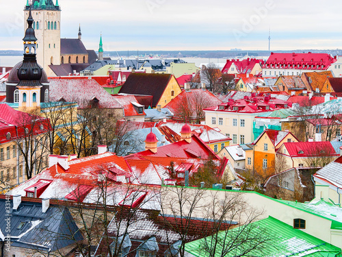 Cityscape and St Olaf Church at Old town of Tallinn