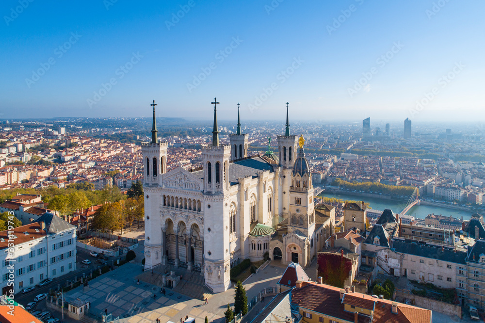 Lyon, Aerial view of Notre Dame de Fourviere Basilica - obrazy, fototapety, plakaty 