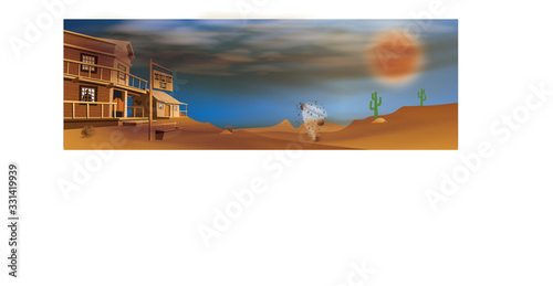 Cartoon Wild West Salon with Sand Storm in Prairie Landscape