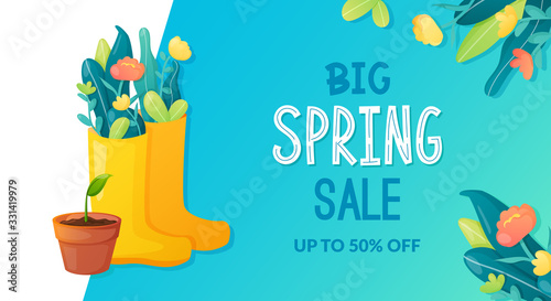Spring sale ad text and garden flowers bouquet.