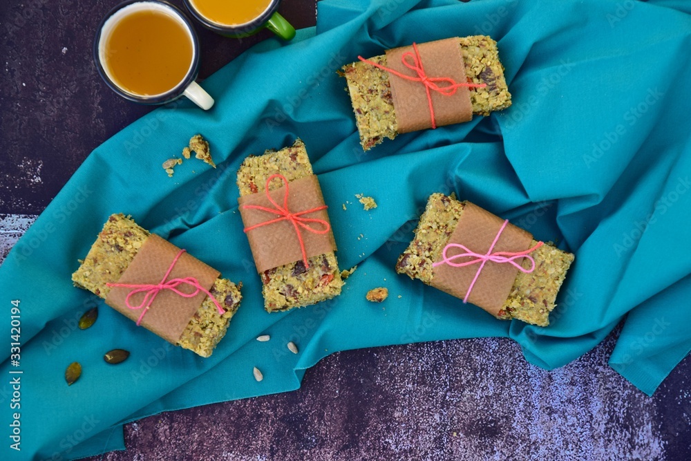 Matcha green tea breakfast bars made from oat, matcha powder, maple syrup, goji berry, pumpkin seed, sunflower seed, date, brazil nuts and sesame seeds. Served with hot tea
Matcha green tea breakfast bars made from oat, matcha powder, maple syrup, goji berry, pumpkin seed, sunflower seed, date, brazil nuts and sesame seeds. Served with hot tea