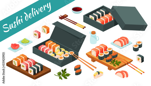 Sushi delivery service asian menu food vector restaurant illustration isolated on white. Isometric set sushi for deliver with fish, seafood, rolls, with rice, salmon, greens. Box for delivering meal.