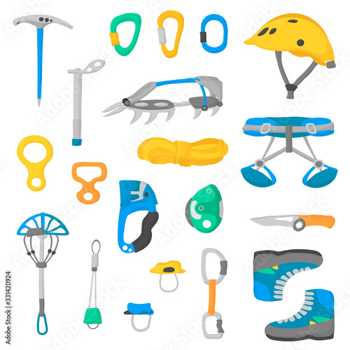 Mountaineering equipment on hand drawn vector extreme climbing illustration isolated on white. Alpinism sport gears, climb activity tools. Climber ax, helmet, hook, carbine, and stoppers.