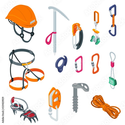 Mountaineering sport climbing equipment on alpinism extreme isometric vector illustration isolated on white. Helmet, carabiner, rope and ax. Collection sport outdoor adventure tools, hook, stopper.