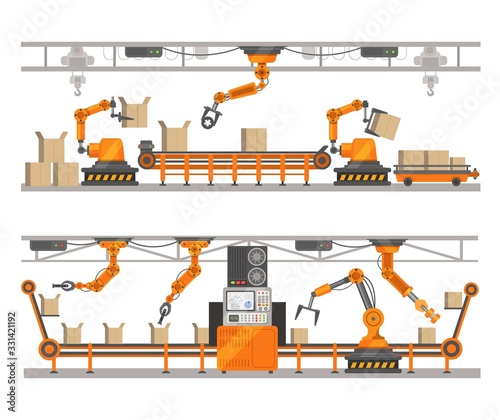 Robotic arm factory line vector illustration, robot technology of production assembly on conveyor belt. Robotics concept. Modern manufacturing equipment. Futuristic industry machine. Automatic device.