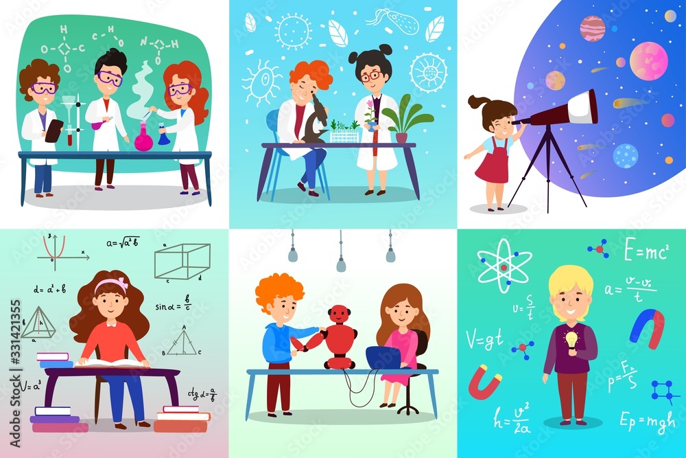 Child study sciences chemistry, biology, in school on vector hand drawn scientific illustration. Kids do scientific chemical experiments in lab, microscope, explore mathematics, robotics, physics.