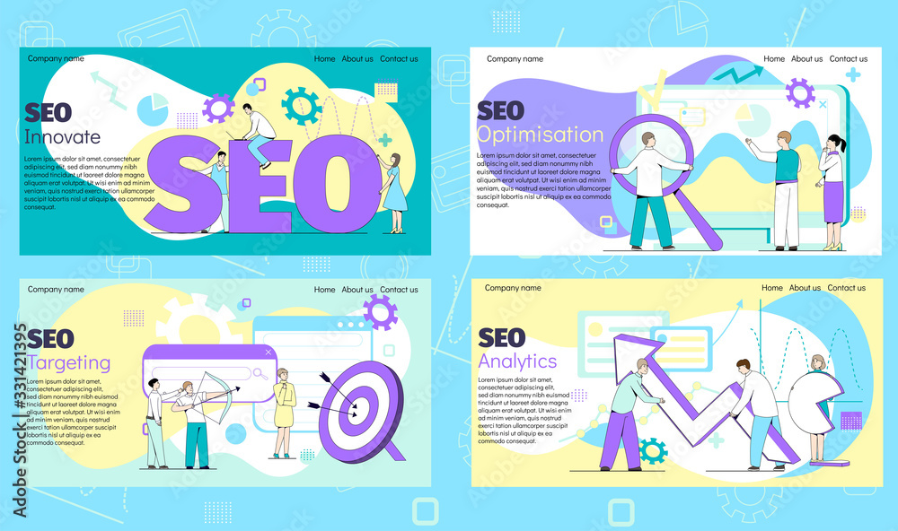 Seo internet banner for business web, site, website on vector web illustration with working people. Landing page design with innovate, optimization, targeting, analytics. Concept for web banner.