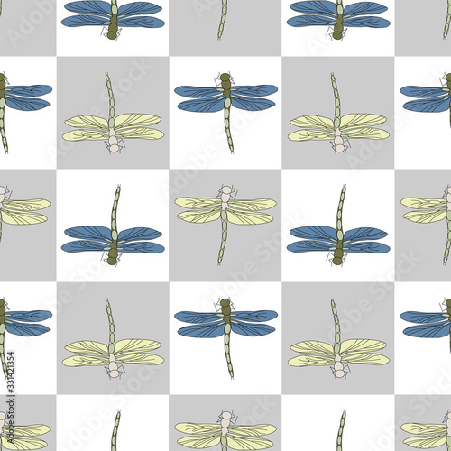 Vector Blue, Green and Yellow Dragonflies on White and Gray Squares Seamless Repeat Pattern. Background for textiles, cards, manufacturing, wallpapers, print, gift wrap and scrapbooking.
