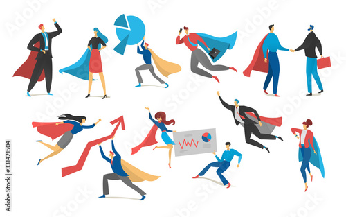 Superhero actions icon set in cartoon colored style different poses vector illustration. Hero person isolated concept, power in business, success teamwork, office life, annual report