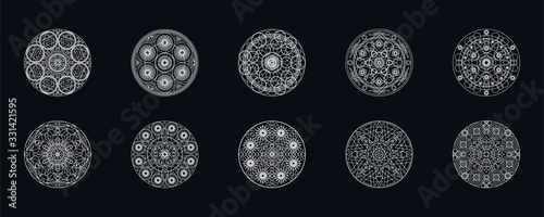 Silver geometric mandala lineart illustration isolated on black
