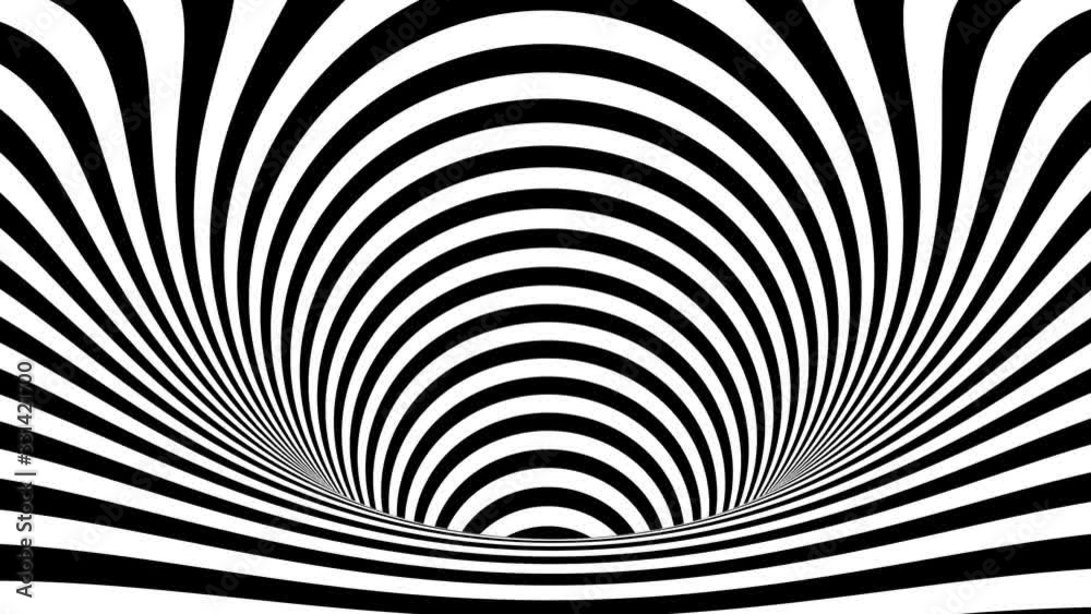 geometric black and white illusion background. Movement in depth. Optical striped funnel, background from moving deep into striped circles.