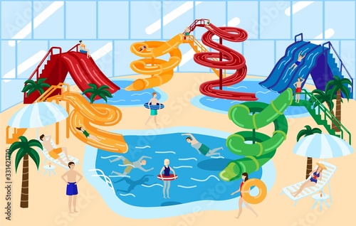 Water park vector illustration with people having fun on waterslide and swimming pool slide waterpark. Amusement in aqua park. Cartoon characters entertainment and leisure activity. Woman rubber ring