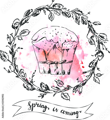Hand drawn easter card with willow wreath, cake and watercolor splash.