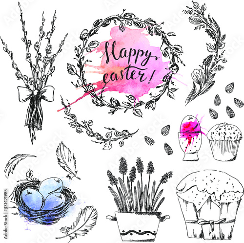 Hand drawn easter set with willow bouquet, wreath, bird nest, hyacinth, cake and watercolor splashes.