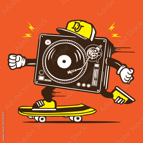 Disc Jockey DJ Turntable Machine Skateboarding Character Design