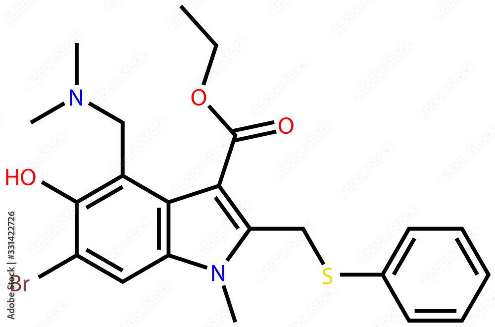 Structural formula of antiviral Umifenovir, active against the COVID-19 coronavirus and influenza Structural formula of antiviral Umifenovir, active against the COVID-19 coronavirus and influenza