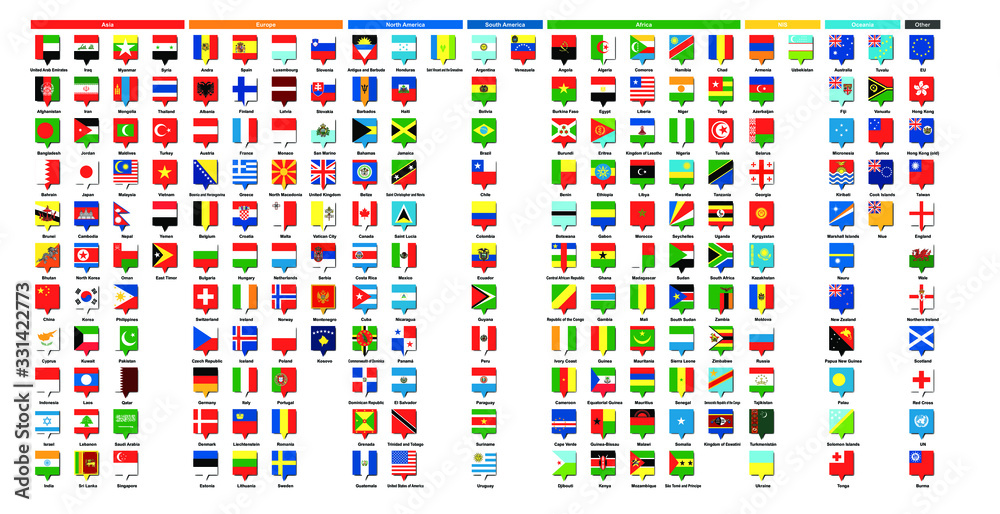 世界の国旗 四角ピン National Flag Square Pin アジア39ヶ国 ヨーロッパ41ヶ国 北アメリカ23ヶ国 南アメリカ12ヶ国 アフリカ54ヶ国 Nis12ヶ国 オセアニア16ヶ国 その他11 合計8種類 Stock ベクター Adobe Stock