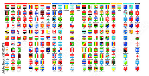 世界の国旗 - 四角ピン | National flag - Square pin ◆ アジア39ヶ国・ヨーロッパ41ヶ国・北アメリカ23ヶ国・南アメリカ12ヶ国・アフリカ54ヶ国・NIS12ヶ国・オセアニア16ヶ国・その他11　合計208種類