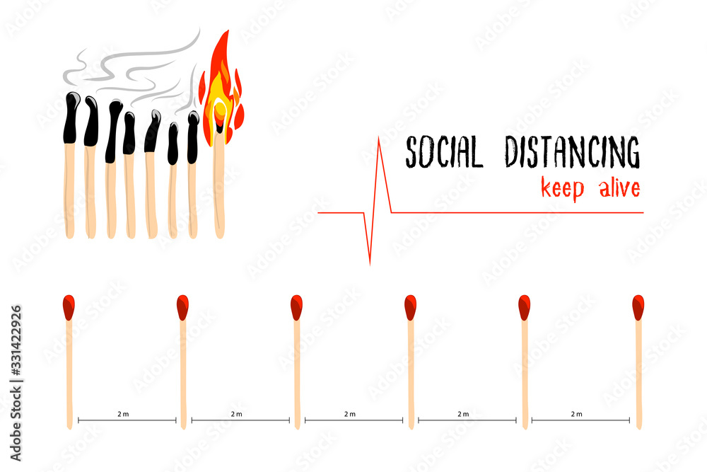 Concept vector art of social distancing. Matches continuous burned by close each other. People who closing may be infect disease as COVID-19 or any epidemic. Concept vector art of social distancing. Matches continuous burned by close each other. People who closing may be infect disease as COVID-19 or any epidemic.