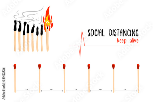 Concept vector art of social distancing. Matches continuous burned by close each other. People who closing may be infect disease as COVID-19 or any epidemic.