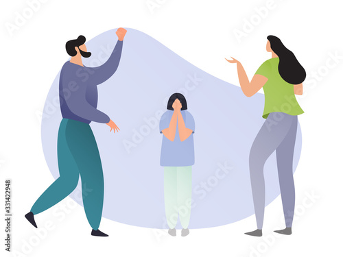 Angry parents scolding on his son or daughter, vector illustration. Family of father and mother with their child have a problem. They are angry on their kid. Relationships in family concept.