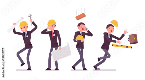 Architect man, professional creating design for buildings in accidents. Male worker bad body injury, trauma, anger and problems, occupational safety, health. Vector flat style cartoon illustration