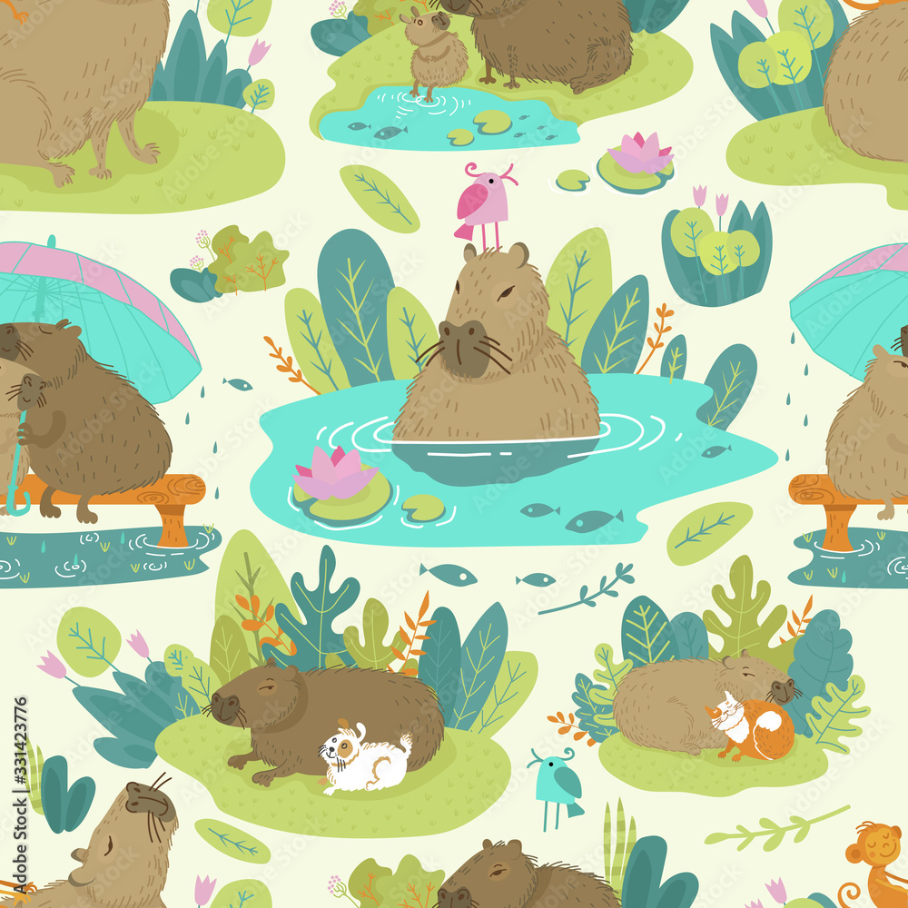 Cute capybara animal cartoon vector illustration. Wild, jungle animal on  different backgrounds, lake and forest pattern. Natural design with happy  brown pet. Can be useb as texture for kids attraction Stock Vector |