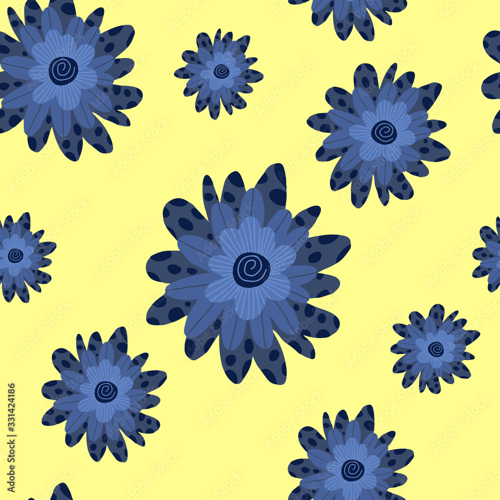 Seamless floral pattern. Abstract spring print. Flowers on a yellow background in cartoon style. Stock windy illustration Seamless floral pattern. Abstract spring print. Flowers on a yellow background in cartoon style. Stock windy illustration