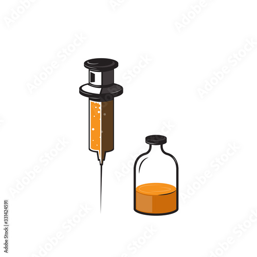 Icon plastic medical syringe with needle and vial in flat style, concept of vaccination, injection, isolated vector illustration